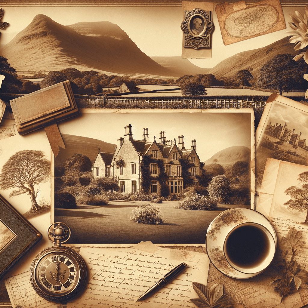 Create a vintage, sepia-toned image that exemplifies the themes of heritage, ancestry, and genealogy. The image should contain items that were commonly found in the households of yesteryears, such as old family trees, vintage documents, antique maps, and heartfelt handwritten letters. Consider depicting historical landscapes of rolling hills and majestic mountains or grand old estate homes with well-manicured gardens. The overall aesthetic should evoke a sense of warmth and nostalgia, reminiscent of perusing an old family album. Ensure that no text, brand names, or logos are incorporated within the image.