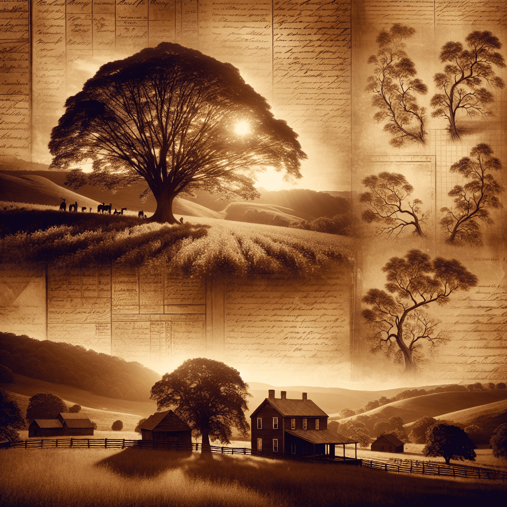 Create a monochromatic, sepia-toned image with a vintage texture that communicates a rich sense of heritage and ancestry. The scene should consist of a detailed old family tree with numerous branches, aged documents filled with indistinct handwriting, and antique maps with intricate lines and edges. Include a viewscape of historical landscapes in the background, complete with rolling hills, a homestead set quaintly on a lush pasture, and a setting sun casting long shadows. Finally, incorporate an overlooked yet present old estate home, nestled in the corner, speaking silently of the years passed. The overall mood of the image should be warm and nostalgic, evoking the feel of browsing through a dusty family album. Remember, no text, brand names, or logos are to be discernible in the image.