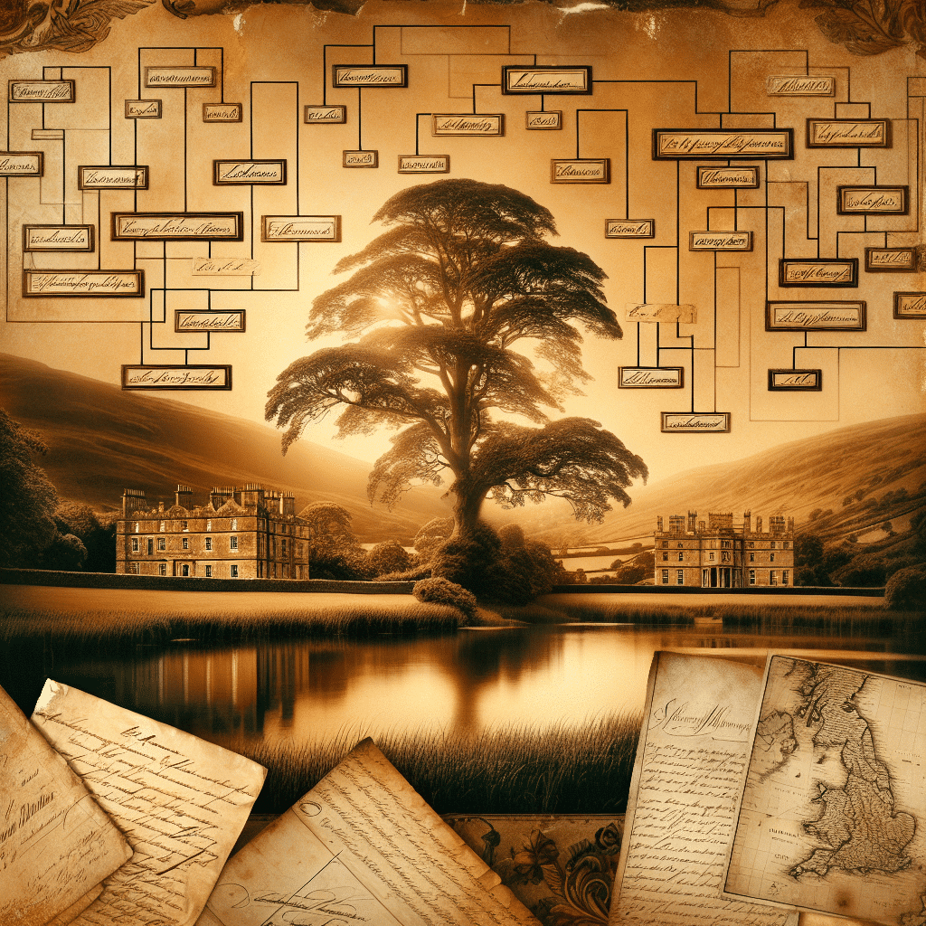 A vintage, sepia-toned image capturing the essence of family ancestry and genealogy. The scene radiates a warm, nostalgic feeling akin to leafing through an old family album. Centrally placed is an intricate ancient family tree, detailed with carefully drafted connections. Surrounding this are vintage, non-branded documents, antique maps devoid of writing, and time-worn, handwritten letters - the script illegible. A historical landscape unfurls in the background, marked by rolling hills and a tranquil lake, dotted with age-old estate homes. The entire image is imbued with a tangible sense of heritage and history.