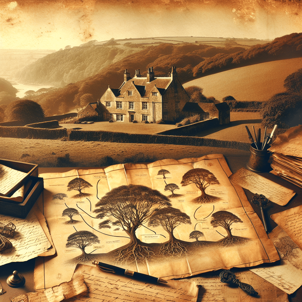 Create a vintage, sepia-toned image that portrays the rich heritage and historical lineage of a generic family. Imagine a historical landscape, perhaps with rolling hills and an old estate home nestled within it. Nearby, an antique map unfurled on a table, the geographies of distant past beckoning for exploration. Beside the map, old family trees and vintage documents are placed, each parchment telling a tale of lineage and ancestry. A scattering of old handwritten letters, scripted with tales of the past, adding to the nostaligia. All to evoke a feeling of warmth and history, like turning the pages of an old family album. Ensure no text, brand names or logos are within the image.