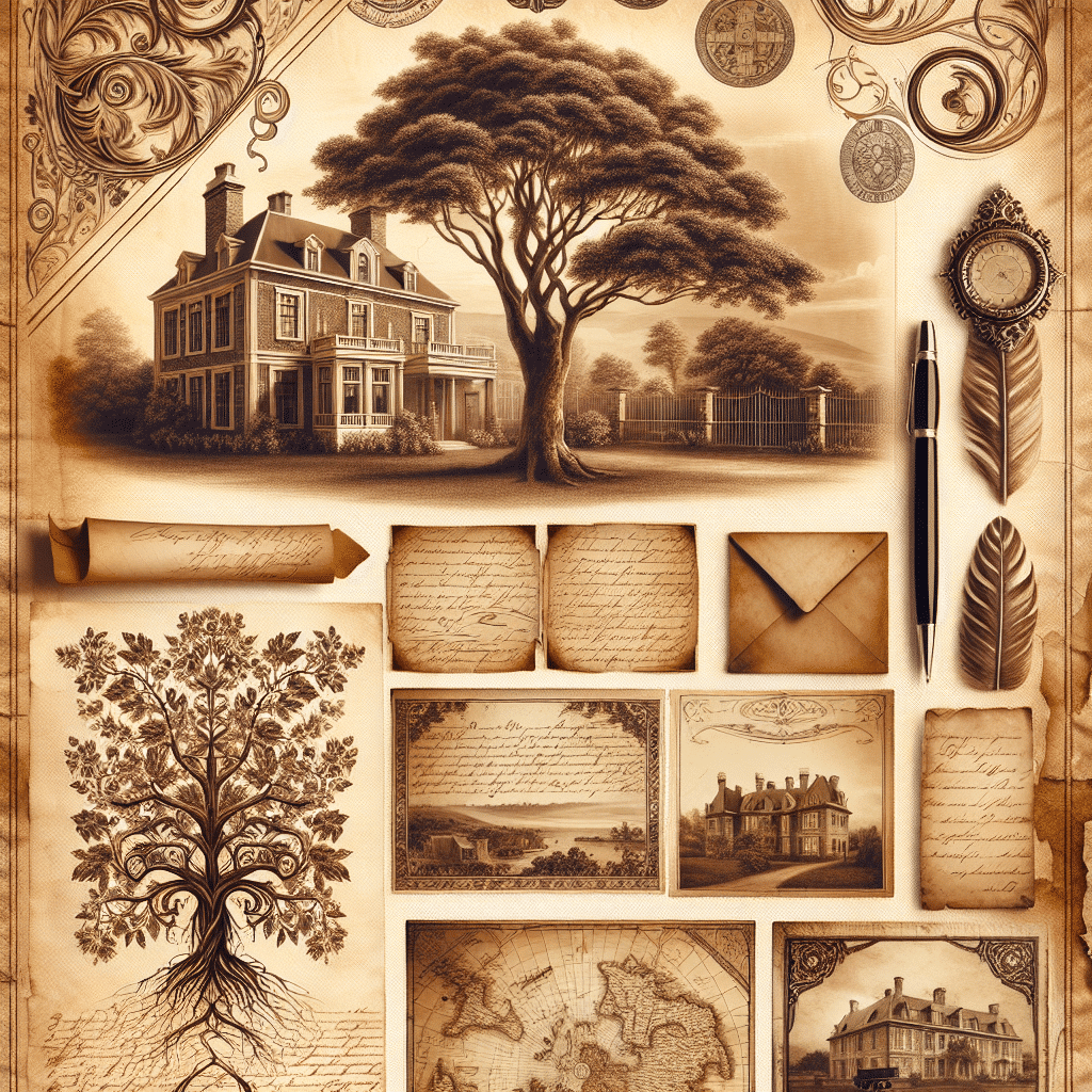 Create a sepia-toned, antique styled image that captures the essence of heritage and family ancestry. The elements to be included are an old family tree with multiple branches, antique documents with detailed filigree, old maps with intricate cartographic designs, hand-written letters with elegant cursive writing, and some beautifully picturesque historical landscapes. Furthermore, add an aged estate home with intricate architectural detail. The overall styling should be warm, nostalgic, and inviting, similar to flipping through an old cherished family album. Make sure there are no texts in the image and no brand names or logos present.
