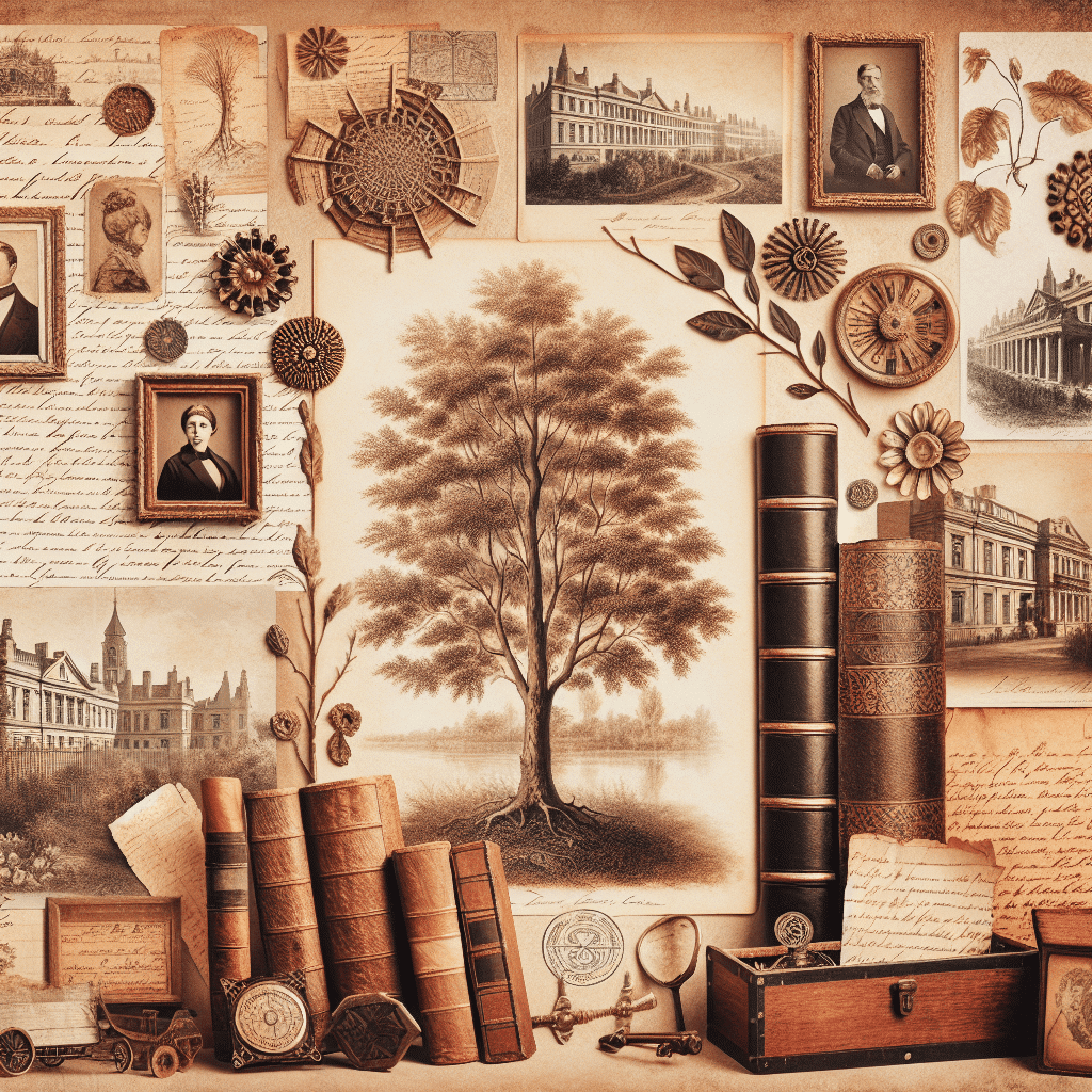 Create a vintage, sepia-toned image that exudes a sentiment of heritage and history, suitable for an article on family ancestry and genealogy. In the composition, include elements such as old family trees, outmoded documents, antique maps, and aged handwritten letters. Add depictions of historical landscapes or ancient domiciles to enhance the nostalgic feel, similar to the sentiment evoked when looking through an old family album. Ensure that all items and scenes depicted don't have any text, brand names, or logos. Keep the color palette warm and reminiscent of times past.