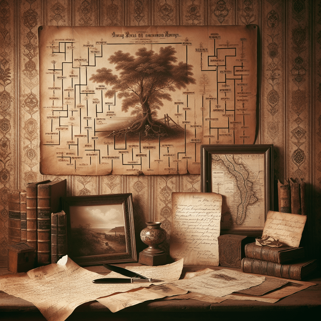 A sepia-toned image showcasing items that evoke a feeling of heritage and history in connection to family ancestry and genealogy. Imagine a worn-out wooden table upon which rests an old, intricate family tree with lines connecting generations, vintage documents detailing probable lineage stories, antique maps with marked family migration routes, letters handwritten with quill on parchment showing correspondence between ancestors, and a small painting of a historical landscape or an old estate where the family might have lived. All these sit against the backdrop of a textured vintage wallpaper, imbuing a warm nostalgia reminiscent of exploring an old family album. Ensure there are no texts, brand names, or logos on any items.