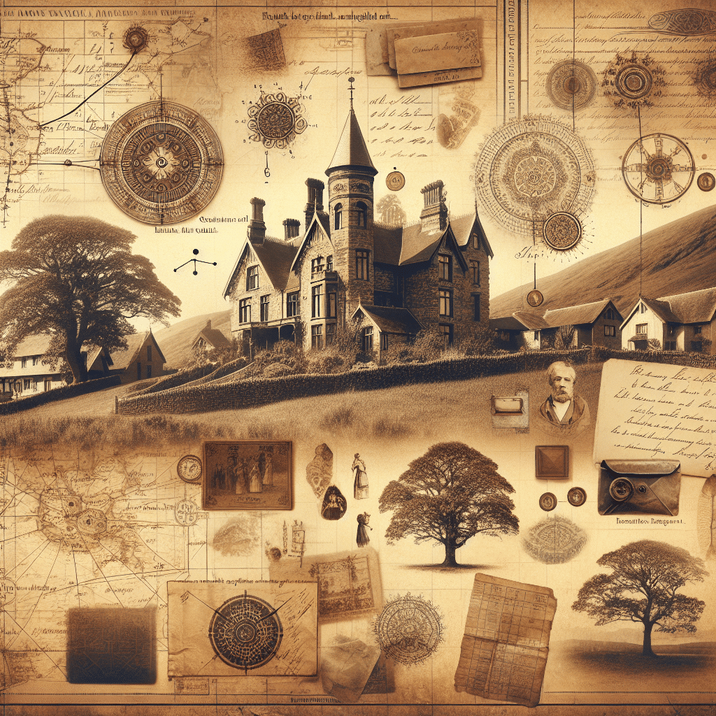 Generate a vintage, sepia-toned image that evokes feelings of heritage and history for an article about family lineage and ancestry. The image should be reminiscent of elements associated with genealogical research such as old family trees, antique documents, and historical landscapes. Also incorporate elements like vintage handwritten letters without any text on them, old estate houses, and aged maps. The overall aesthetic should exude warmth and nostalgia, akin to perusing an old family album. Make sure the image does not contain any brand names, logos or any other forms of text.