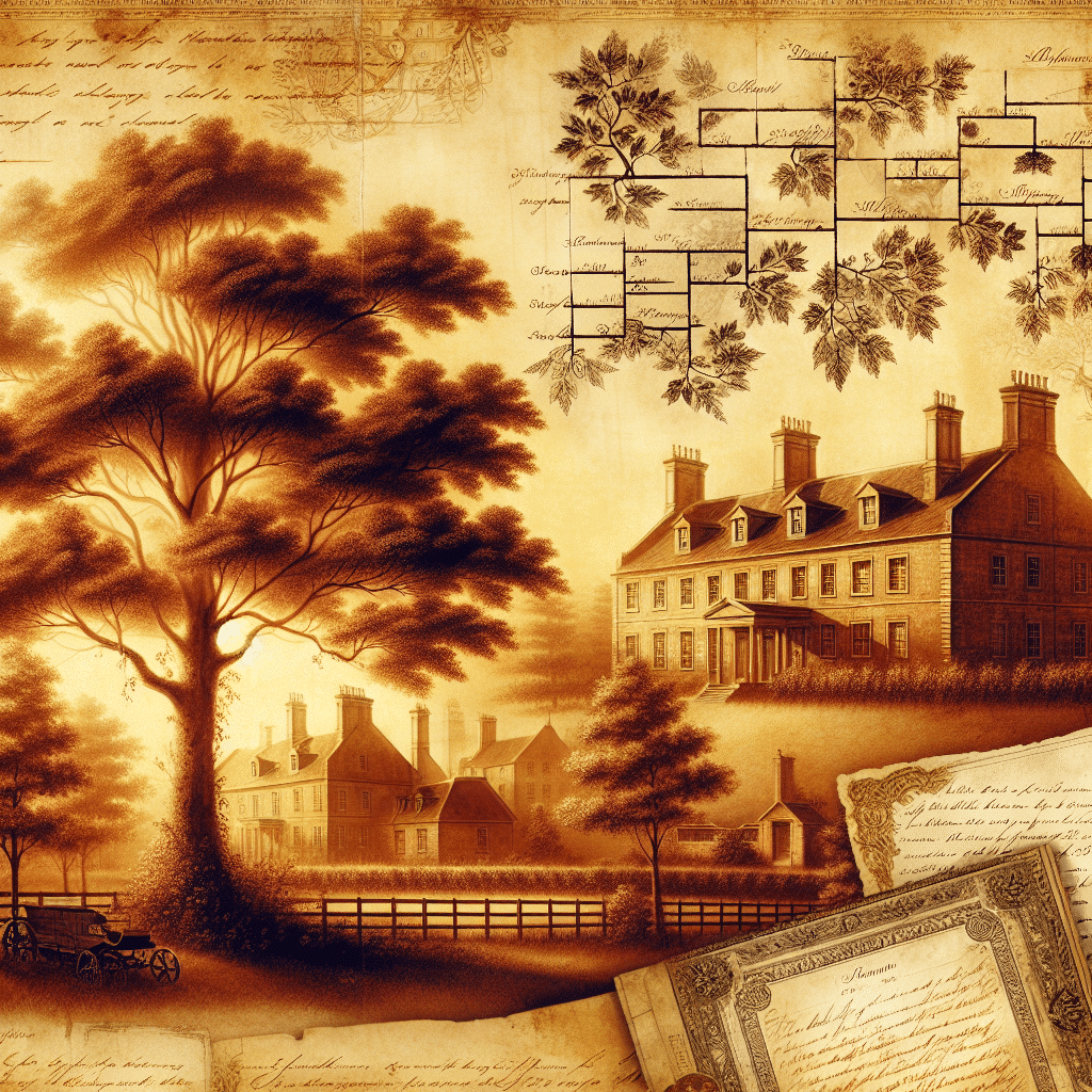 Generate a vintage, sepia-toned image that evokes feelings of heritage and history, similar to leafing through an old family album. The image should be rich with elements related to family ancestry and genealogy, such as a detailed, old-style family tree, vintage documents with scrawled handwriting (without any readable text), antique maps with a faded look, and historical landscapes featuring old estate homes basking in the golden sunlight. Make sure the scene does not contain any brand names or logos. The overall image should emit a sense of warmth, creating a nostalgic vision of the past.