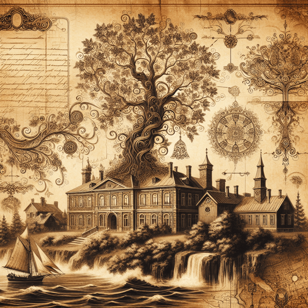 Generate a sepia-toned image that evokes the history and heritage of genealogical research. The picture should be reminiscent of looking through an old family album. It should incorporate elements such as an intricately designed family tree, vintage documents filled with flowing, antiquated handwriting, an antique map portrayed with artistic precision, mystical, historical landscapes swept with time's passage, and nostalgic, old estate homes with a rich history. Keep this image completely void of any text, without any inscriptions on the artifacts, and devoid of any brand names or logos to maintain its vintage charm.