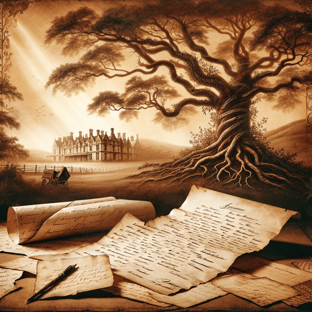 You're asked to visualize an evocative, sepia-toned image related to ancestry and genealogy. For a touch of history, imagine a sprawling family tree arching its branches across a faded parchment, with names in old handwriting scrawled within the bark and leaves. Beside it lays antique documents and maps, edges worn and colors faded with time. Unfolded letters from a bygone era rest on top, their cursive scripts whispering tales of yore. In the background, the silhouette of an ornate, old estate home sits amidst a historical landscape with majestic old trees and gently flowing brooks. Although the image isn't physically old, it should bear the essence of a worn, well-loved family album, radiating warm nostalgia.