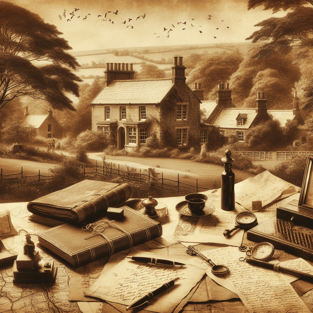 Generate a vintage, sepia-toned image that evokes a sense of heritage and history. The image should contain elements of antique maps, aged documents, and hand-written letters, suggestive of genealogy research. The scene should also have historical landscape elements and an old estate home, similar to what one might find from an old family album. All items and elements within the image should be devoid of text, brand names, and logos, keeping it universally applicable and reminiscent of a journey through personal ancestry.