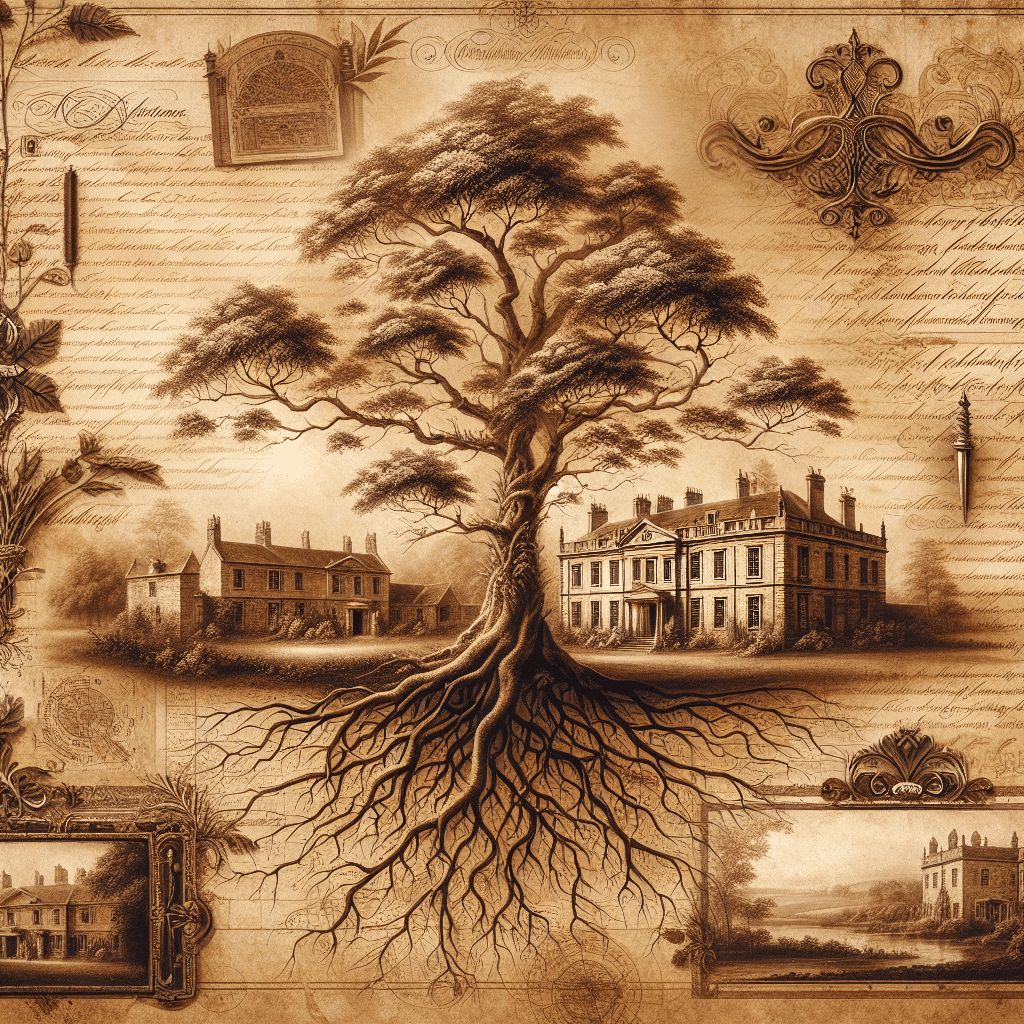 Create an age-worn, sepia-toned image that reflects the spirit of family heritage and genealogy. The image should be imbued with elements of history and ancestry such as an intricately detailed lineage tree with deep roots and spreading branches, antique documents filled with beautiful handcrafted calligraphy, carefully preserved maps which depict landscapes of yesteryears, or opulent ancestral homes showcased in their classic architectural splendor. It should evoke the emotion one gets when leafing through a timeworn family photo album filled with vintage photographs capturing endearing family moments. Please ensure no textual components, brand names, or logos are included in the image.