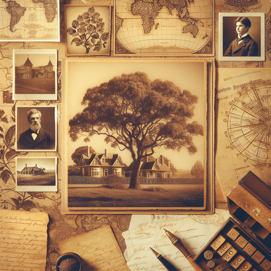 Generate a vintage, sepia-toned image that evokes a feeling of heritage and history for an article about family ancestry and genealogy. Include elements reminiscent of old family trees, vintage documents, antique global maps, and old handwritten letters. Complement these with imagery of historical landscapes and old estate houses. The overall tone of the image should induce a warm, nostalgic feel, similar to looking through an old family photo album. Ensure there are no text, brand names, or logos included within the image and that no text appears on any included items.