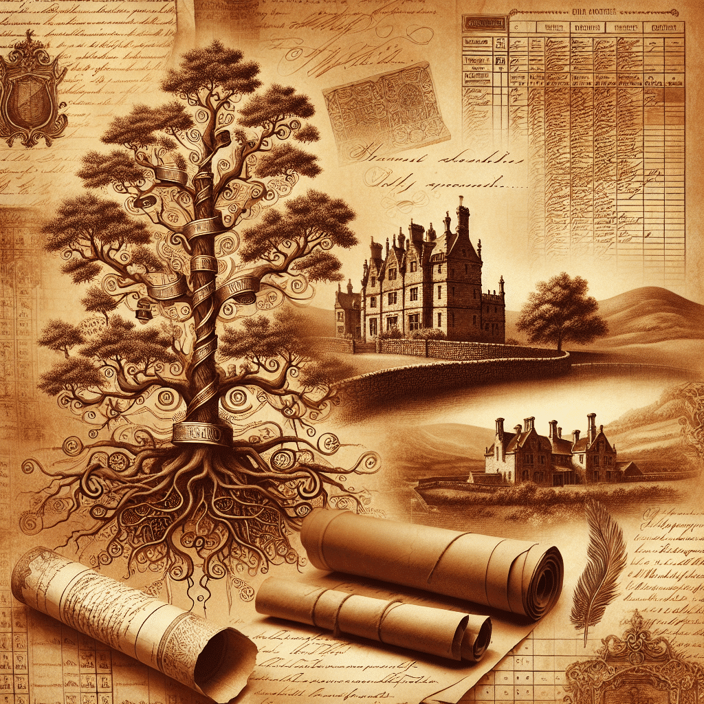 Illustrate a vintage, sepia-toned image filled with details related to family history and genealogy. The image should contain items that symbolize heritage and ancestry, such as an intricate old family tree with branches of names, vintage rolled documents that give the appearance of old census records, and antique maps of obscure provinces. Add in old handwritten letters penned in elegant cursive, with the ink faded slightly through the passage of time. Include historical landscapes with rolling hills, distant castle-like homes that exude grandeur and hint at a bygone era. The overall mood should be warm, nostalgic and evoke a feeling similar to exploring through an old family photo album. Abstain from including any discernable text, brand names or logos in the image.