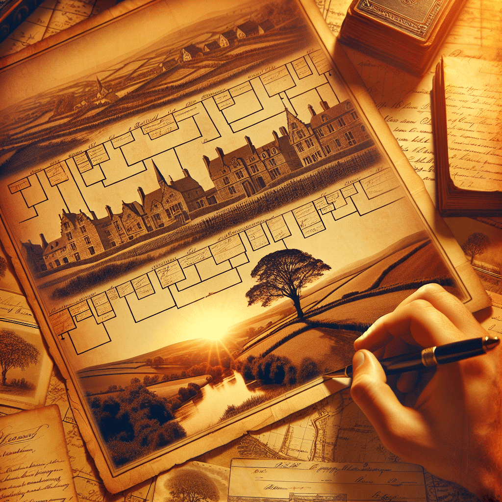 Generate a vintage, sepia-toned image representing the concept of family ancestry and genealogy. The scene should evoke feelings of heritage and history. It should include elements like an ancient family tree chart, vintage documents that resemble old birth and death certificates without any text on them, maps that appear to be antique, old handwritten letters without discernable writing, historical landscapes depicting rolling hills or quiet towns, and old estate homes with unique architectural details. Make sure to give the entire scene a warm and nostalgic touch as if one is flipping through an old family photo album. The image should not contain any brand names or logos.