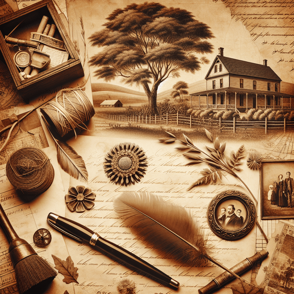 Create a vintage, sepia-toned image that encapsulates the theme of family ancestry and genealogy. The image should evoke a feeling of heritage and history, reminiscent of old family trees, vintage documents, antique maps, old handwritten letters, historical landscapes, or old estate homes. We should be given the impression of looking through an old family album, with a warm nostalgic feel. However, ensure no text is included within the image. Also, abstain from including text on items within the image. Besides, steer clear of any brand names or logos.
